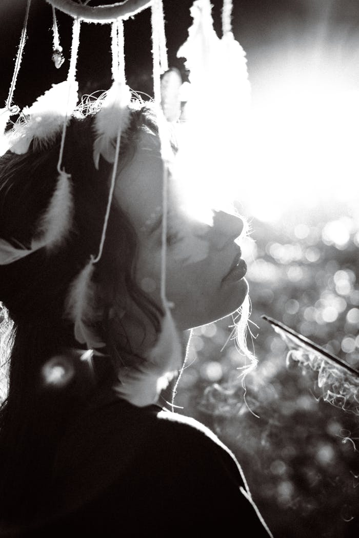 services-img Ethereal portrait of a woman draped in a dreamcatcher, bathed in soft sunlight.